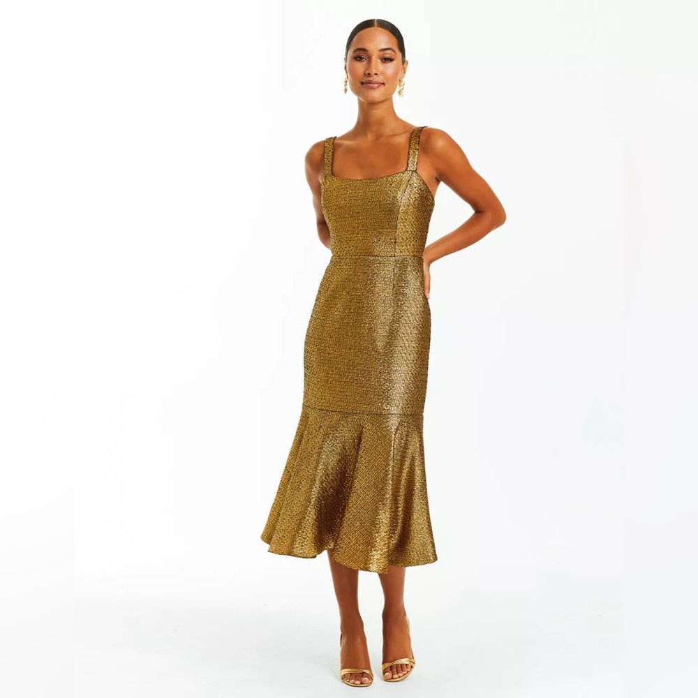 Mestiza Jody Tweed Midi Dress Metallic Gold NWT